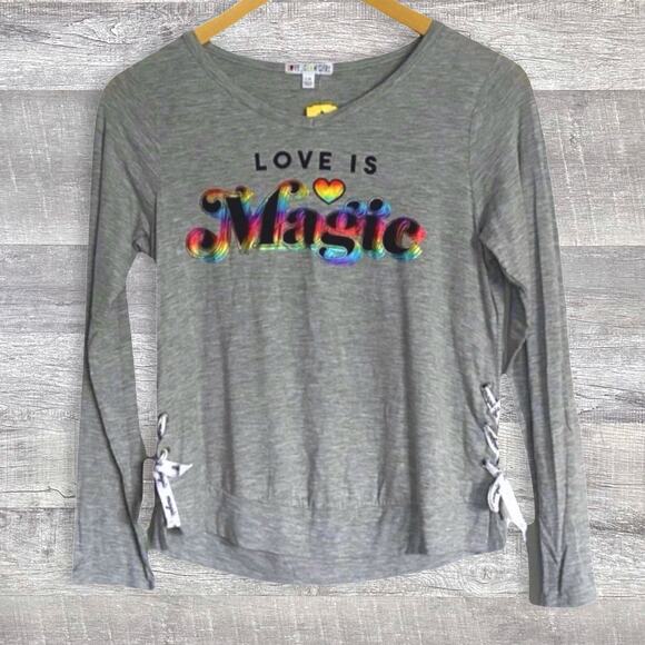 Love Glam Girl Other - Love Glam Girl Dani Long Sleeve Grey Top NEW L 14 Holographic Rainbow Lace Up